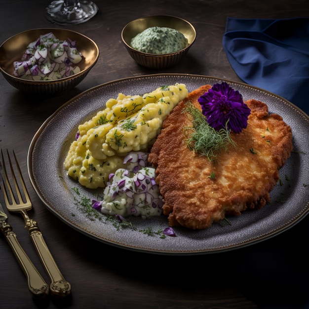 Fried chicken along with potatoes inside white plate on brown desk