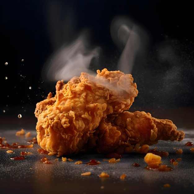 Fried chicken on a black background with smoke The concept of fast food