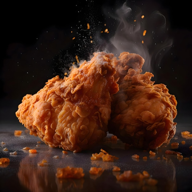 Fried chicken on a black background with smoke and water drops