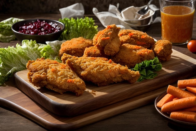 fried chicken on a cutting board with carrots and lettuce