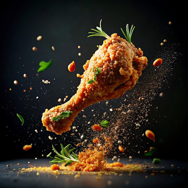 The fried chicken drumstick is suspended in midair and rotates gently