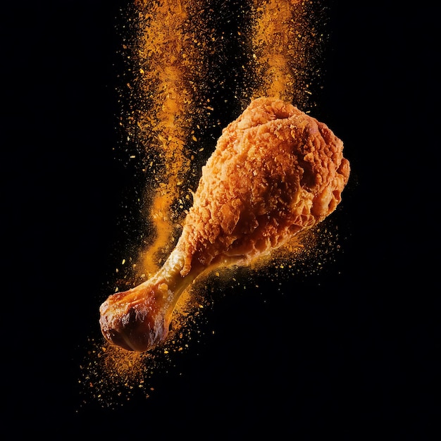 The fried chicken drumstick is suspended in midair and rotates gently