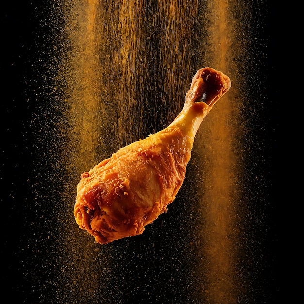 The fried chicken drumstick is suspended in midair and rotates gently