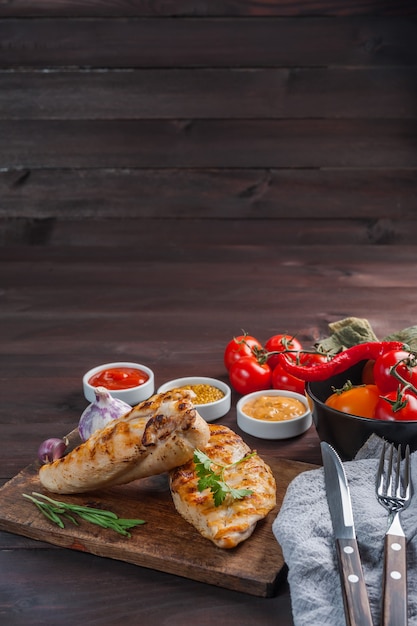 Fried chicken fillet and boiled vegetables