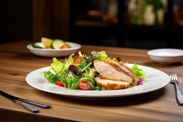 Fried chicken fillet with salad in a white plate on a table in a cafe