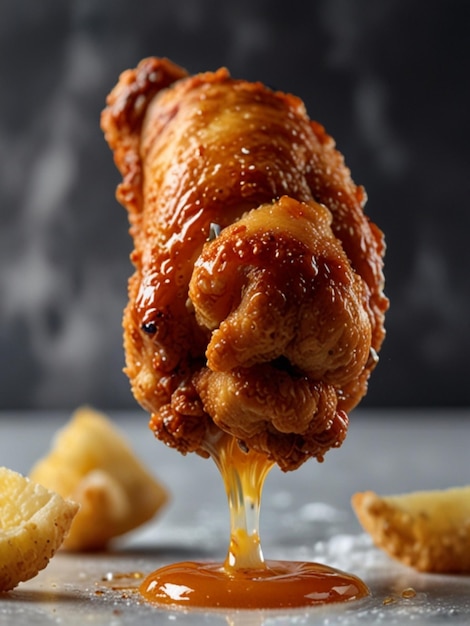 a fried chicken is being fried with a spoonful of sauce