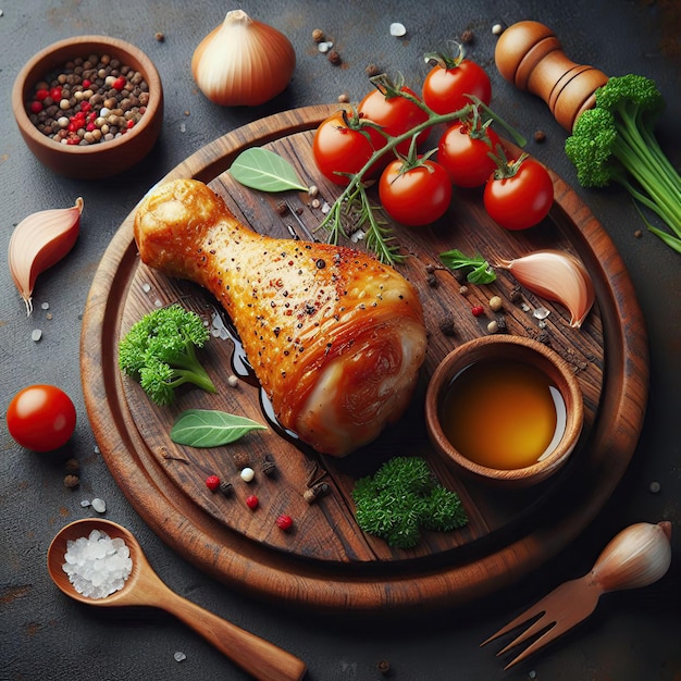 Fried chicken leg on wooden kitchen surface background