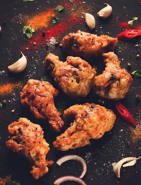 Fried chicken legs breaded with spices and herbs on a dark background vertical no people selective focus toned