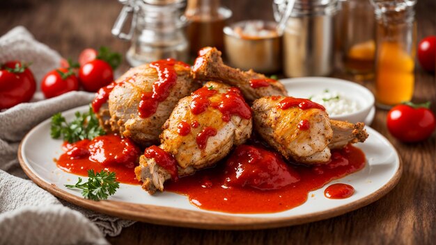 Fried chicken legs with ketchup in a plate