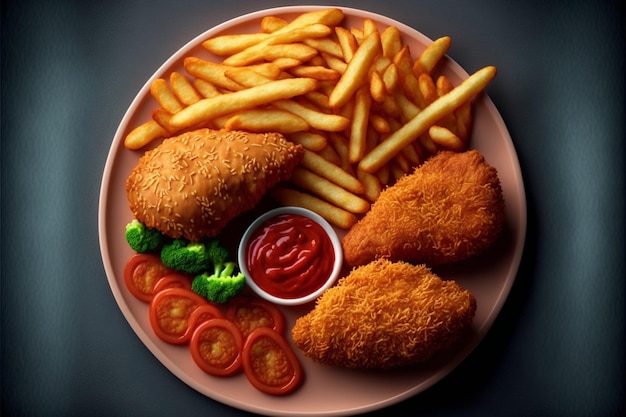 Fried Chicken Meal with Fries and Nuggets, Top View