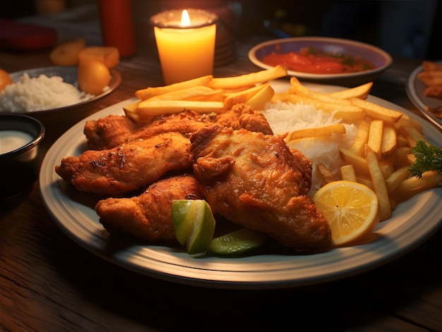 Fried Chicken Meat and French Fries Western Type Meal AI Photo