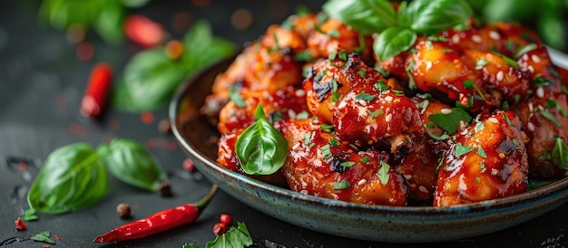 Photo fried chicken meat on a plate with sauce and spices as a product background