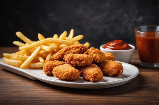 Fried chicken nuggets with french fries and sauce on table in cafe