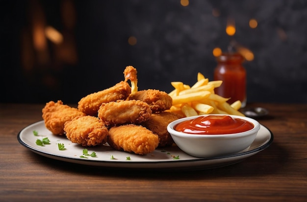 Fried chicken nuggets with french fries and sauce on table in cafe