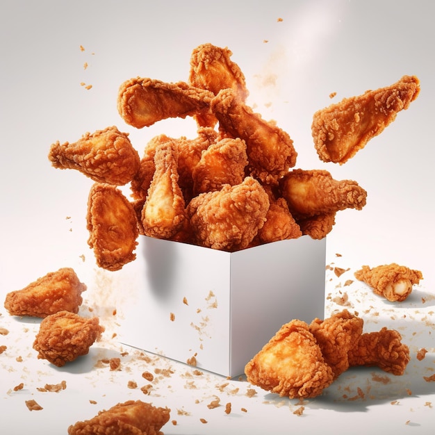 Fried chicken pieces in box with white background