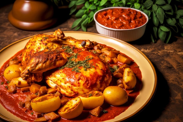 Fried chicken on platter with baked potatoes in red chili sauce