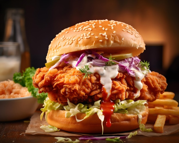 Fried chicken sandwich with coleslaw that is crunchy and juicy Generative AI