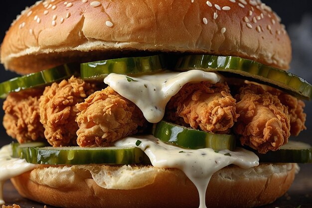 A fried chicken sandwich with pickles and mayo