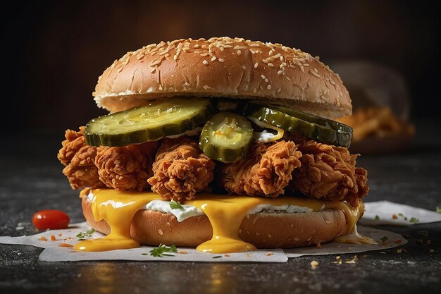 A fried chicken sandwich with pickles and mayo