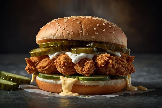 A fried chicken sandwich with pickles and mayo