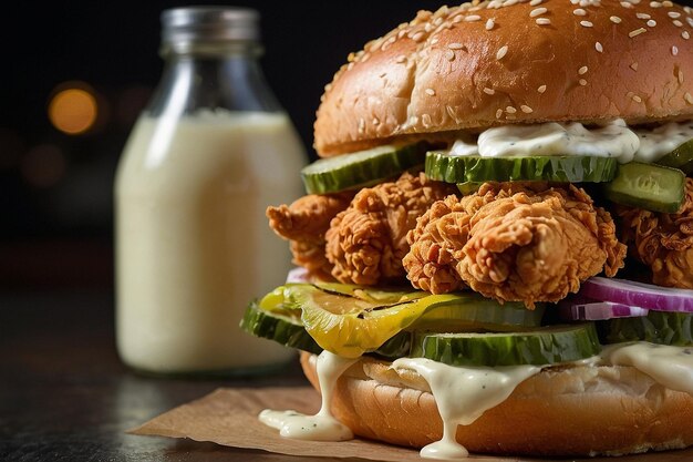 A fried chicken sandwich with pickles and mayo