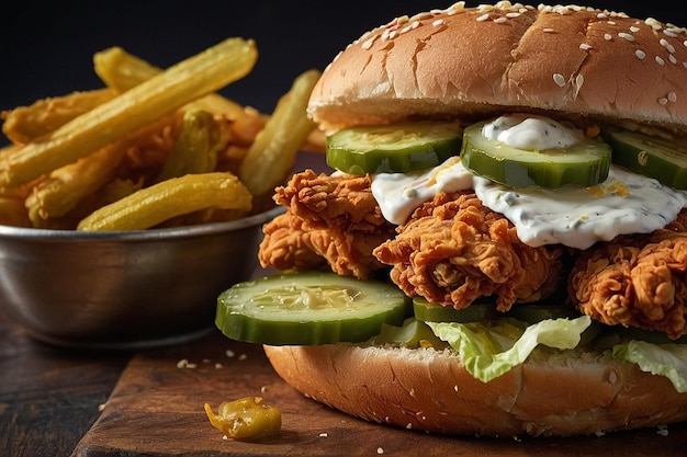 A fried chicken sandwich with pickles and mayo