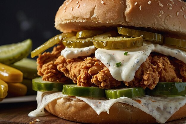 A fried chicken sandwich with pickles and mayo