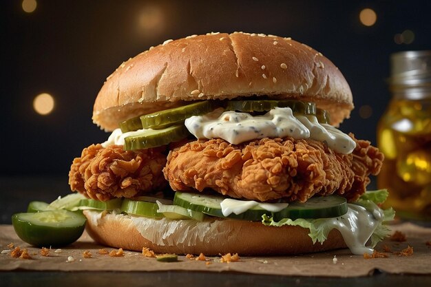 A fried chicken sandwich with pickles and mayo