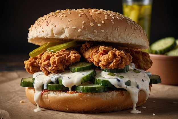 A fried chicken sandwich with pickles and mayo