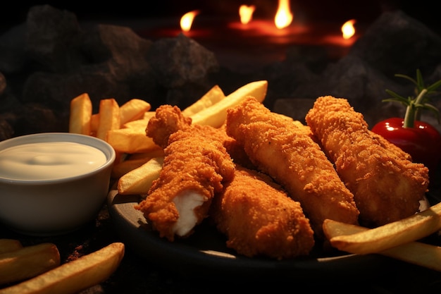 Photo fried chicken tenders or strips with sauces and fries