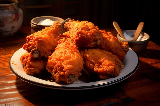 Fried chicken thighs in a plate on a wooden table Fast food AI generated