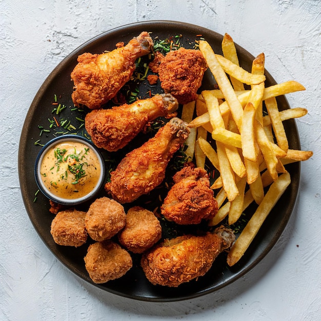 Fried chicken wings nuggets and fries