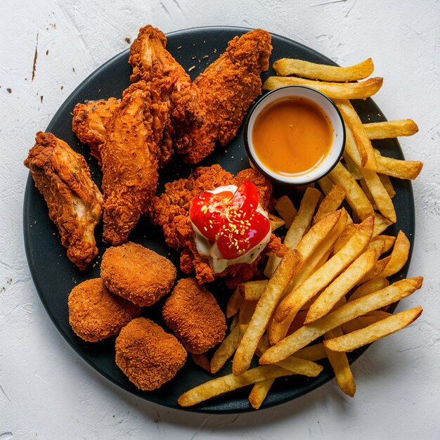 Fried chicken wings nuggets and fries