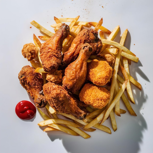 Fried chicken wings nuggets and fries