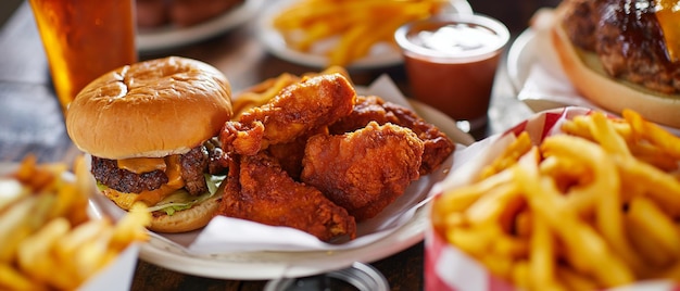 Fried chicken wings onion rings and hamburger on wooden background