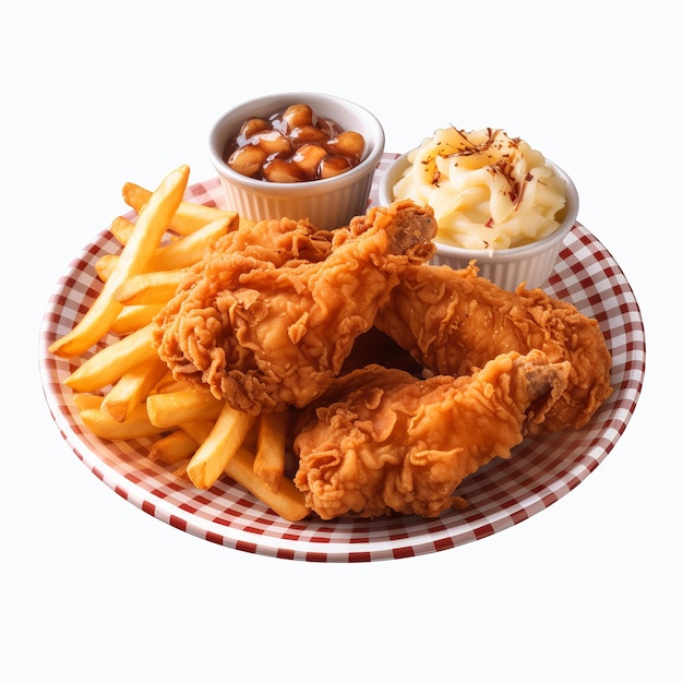 Fried chicken wings with french fries and ketchup isolated on white background