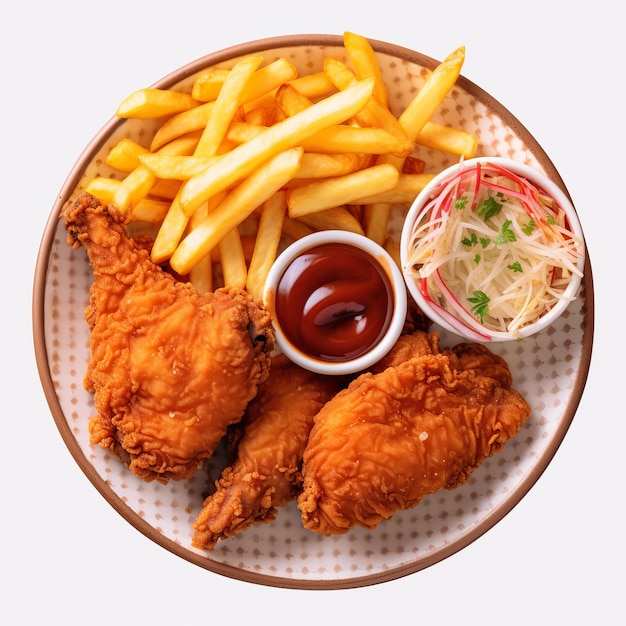 Fried chicken wings with french fries and ketchup on white background