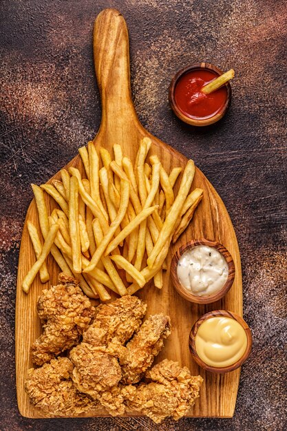 Fried chicken wings with french fries, top view.