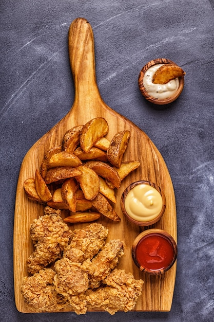 Fried chicken wings with fried potato slices