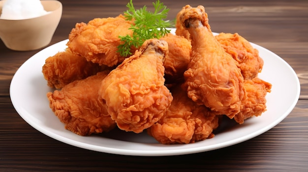 Fried chicken wings with sauce and lemon on a wooden table