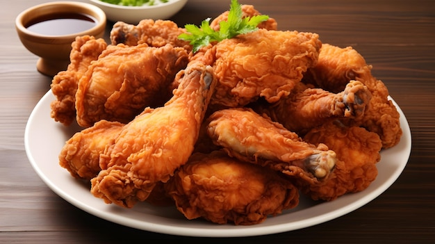 Fried chicken wings with sauce and lemon on a wooden table