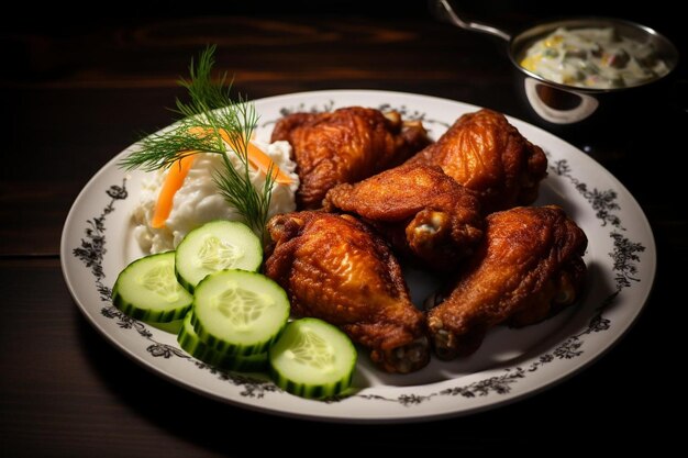 Fried chicken wings with a side of cucumber salad