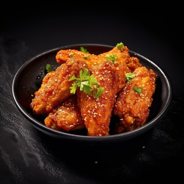 Fried chicken wings with spices and herbs on a black background Selective focus