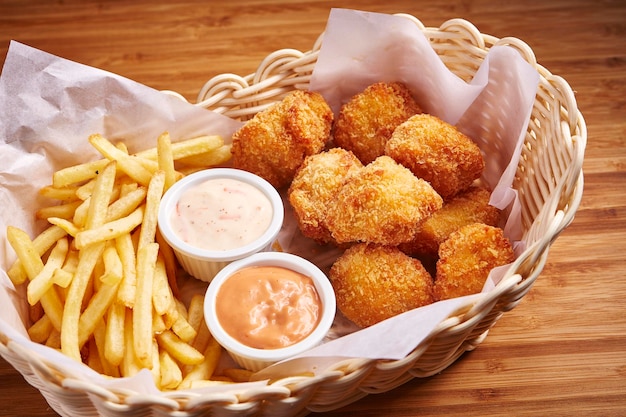 Fried Chicken with Chips mayonnaise dip served in basket isolated on table side view of middle east food