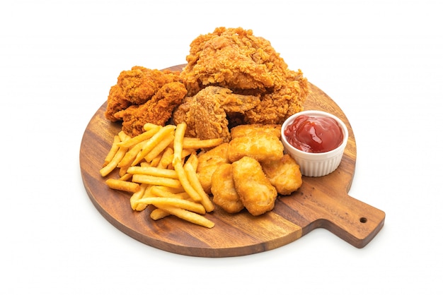 Fried chicken with french fries and nuggets meal (junk food and unhealthy food)