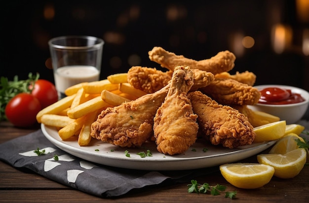 Fried chicken with french fries and nuggets meal junk food and unhealthy food