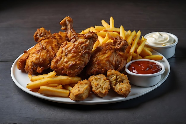 fried chicken with French fries and nuggets meal