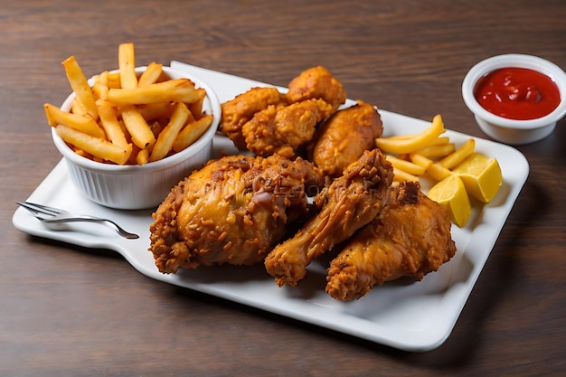 fried chicken with French fries and nuggets meal