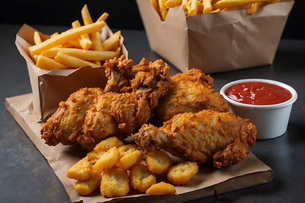 fried chicken with French fries and nuggets meal