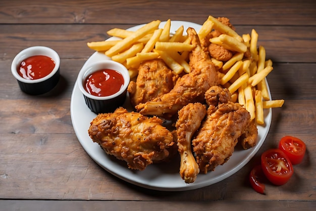 fried chicken with French fries and nuggets meal